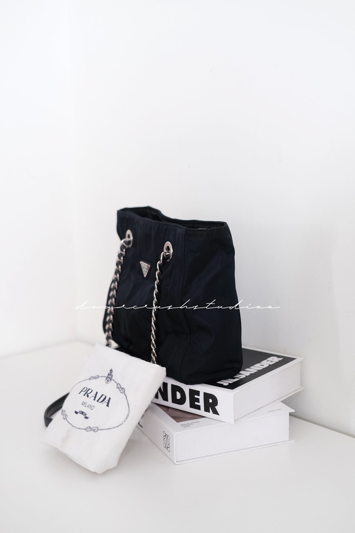 Prada Leather Chain Tote · 罕有黑銀皮穿鏈尼龍降落傘托特