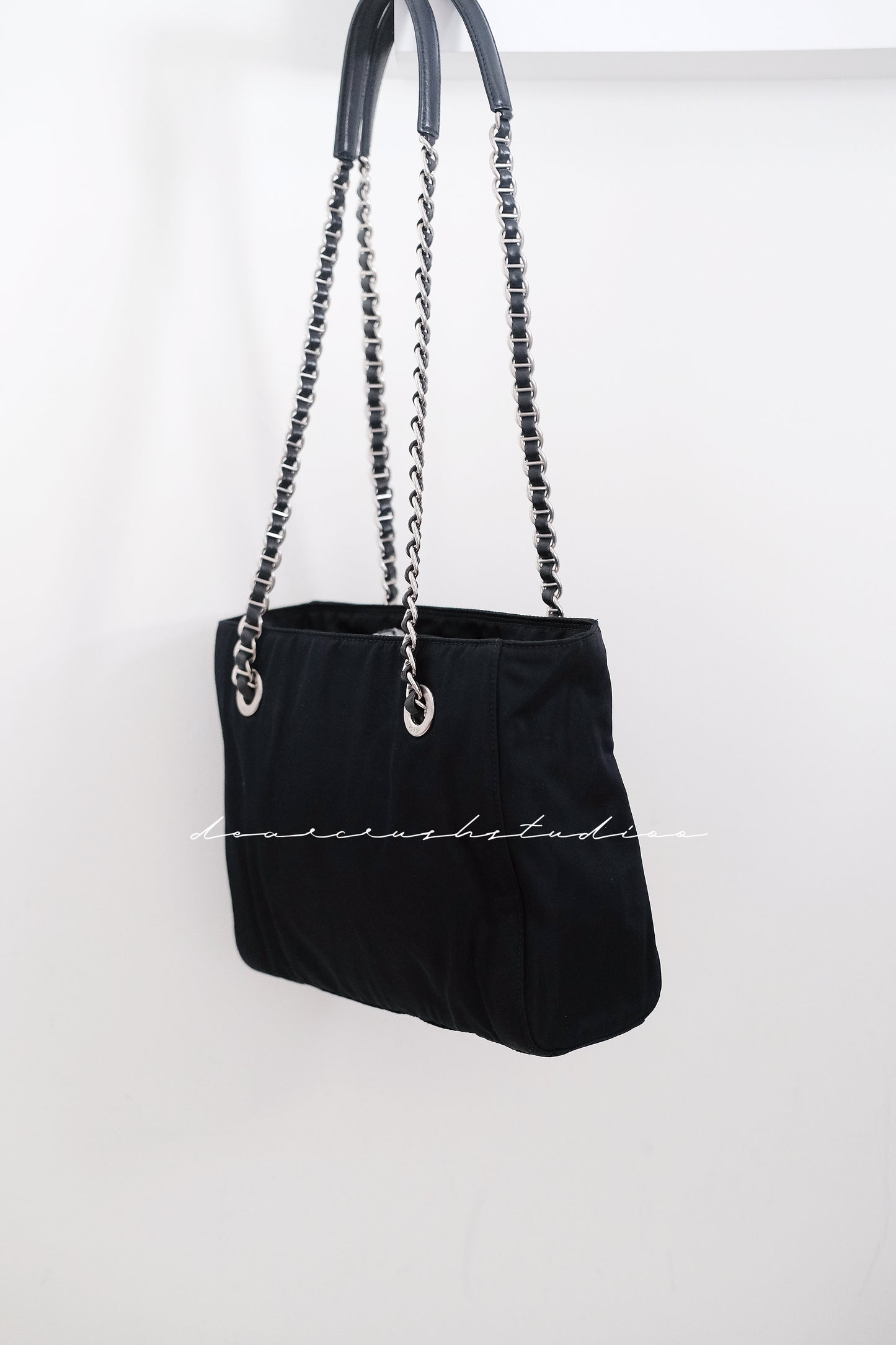 Prada Leather Chain Tote · 罕有黑銀皮穿鏈尼龍降落傘托特