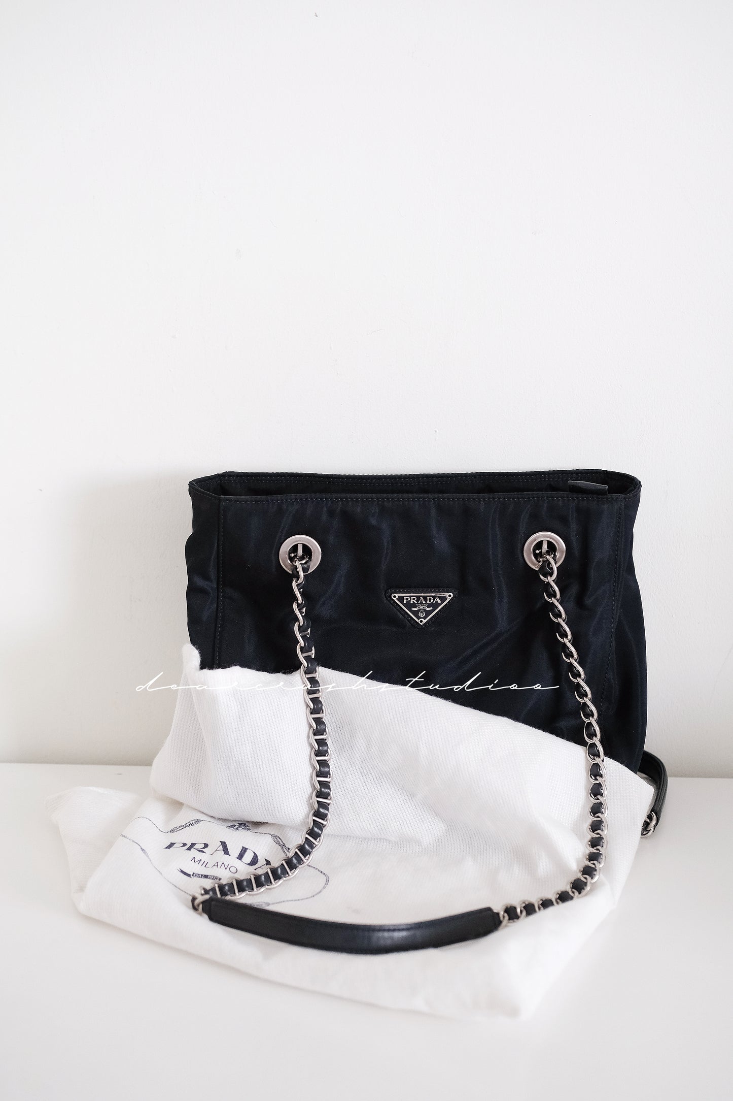 Prada Leather Chain Tote · 罕有黑銀皮穿鏈尼龍降落傘托特