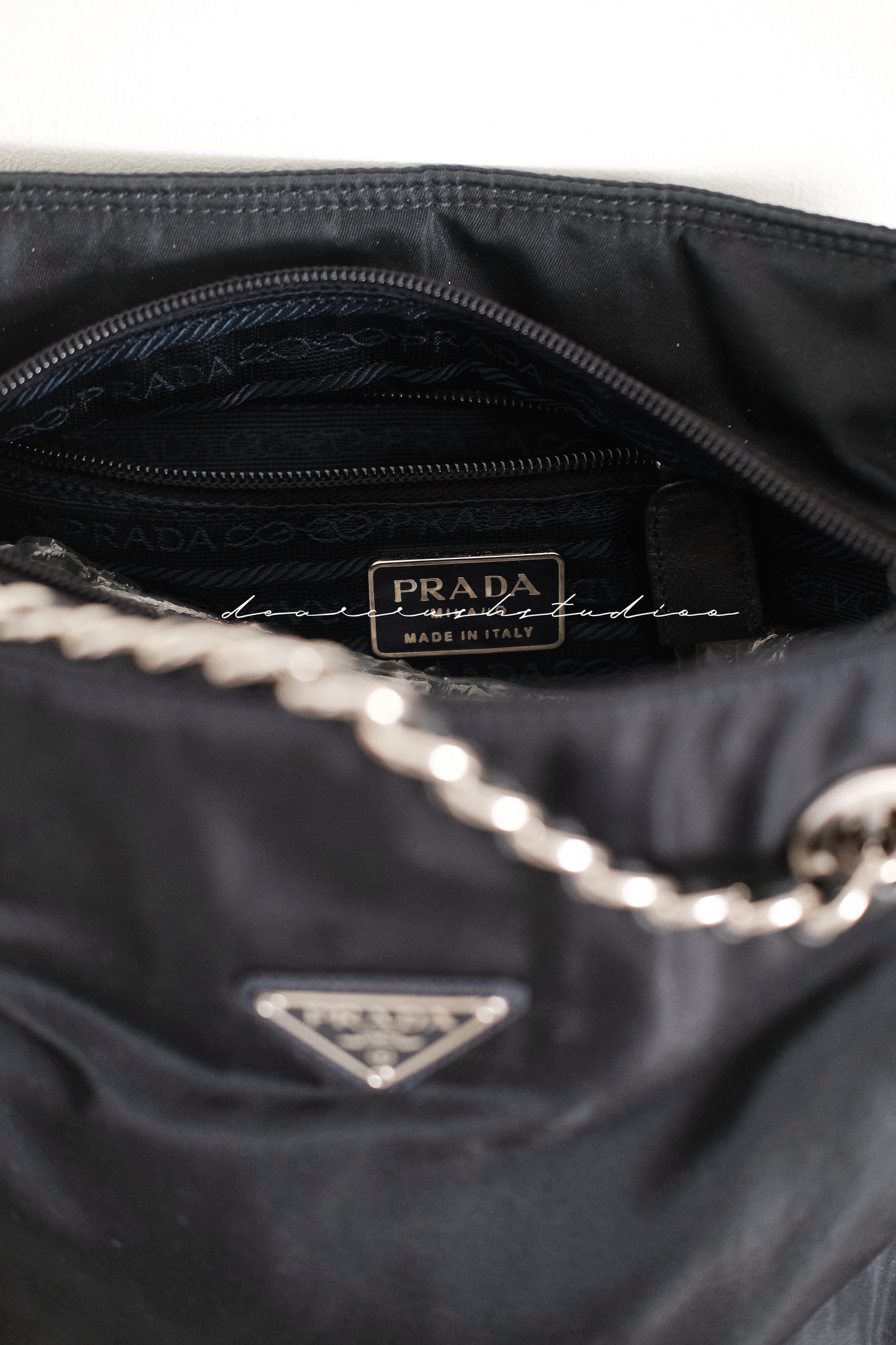 Prada Leather Chain Tote · 罕有黑銀皮穿鏈尼龍降落傘托特