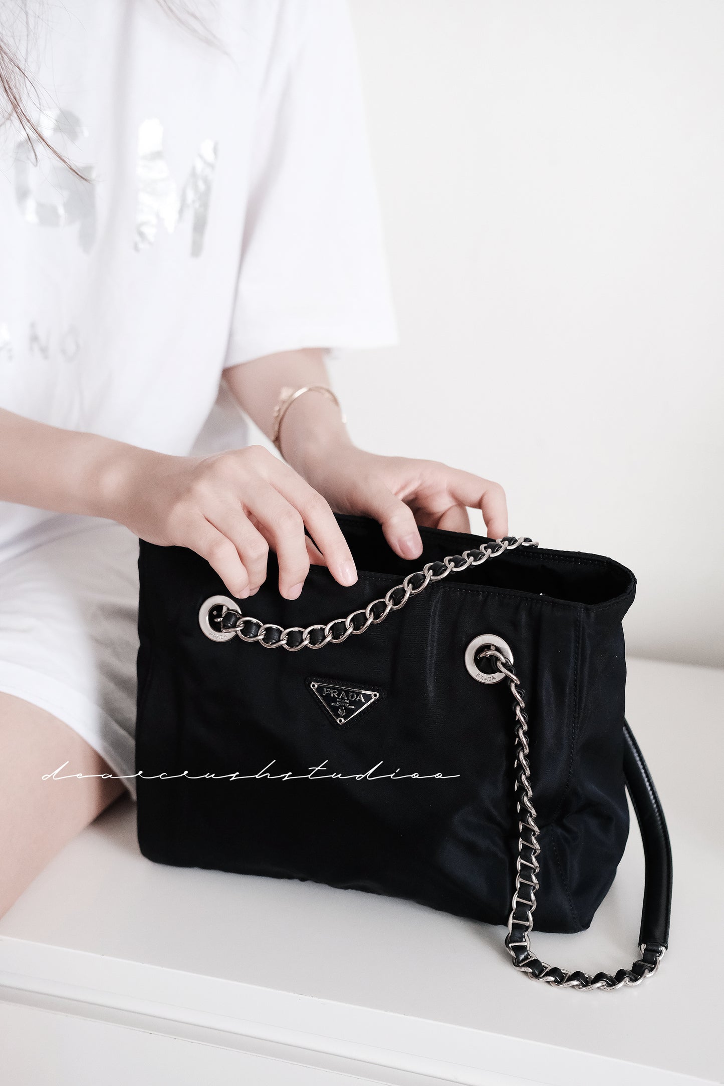 Prada Leather Chain Tote · 罕有黑銀皮穿鏈尼龍降落傘托特