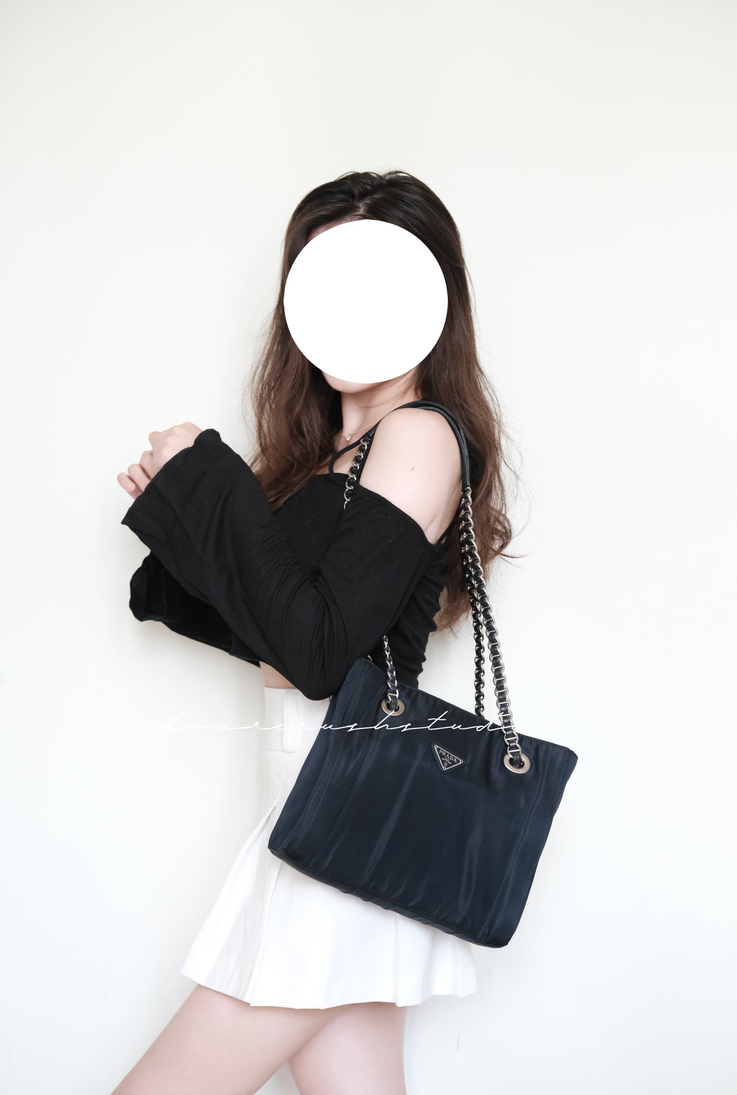 Prada Leather Chain Tote · 罕有黑銀皮穿鏈尼龍降落傘托特