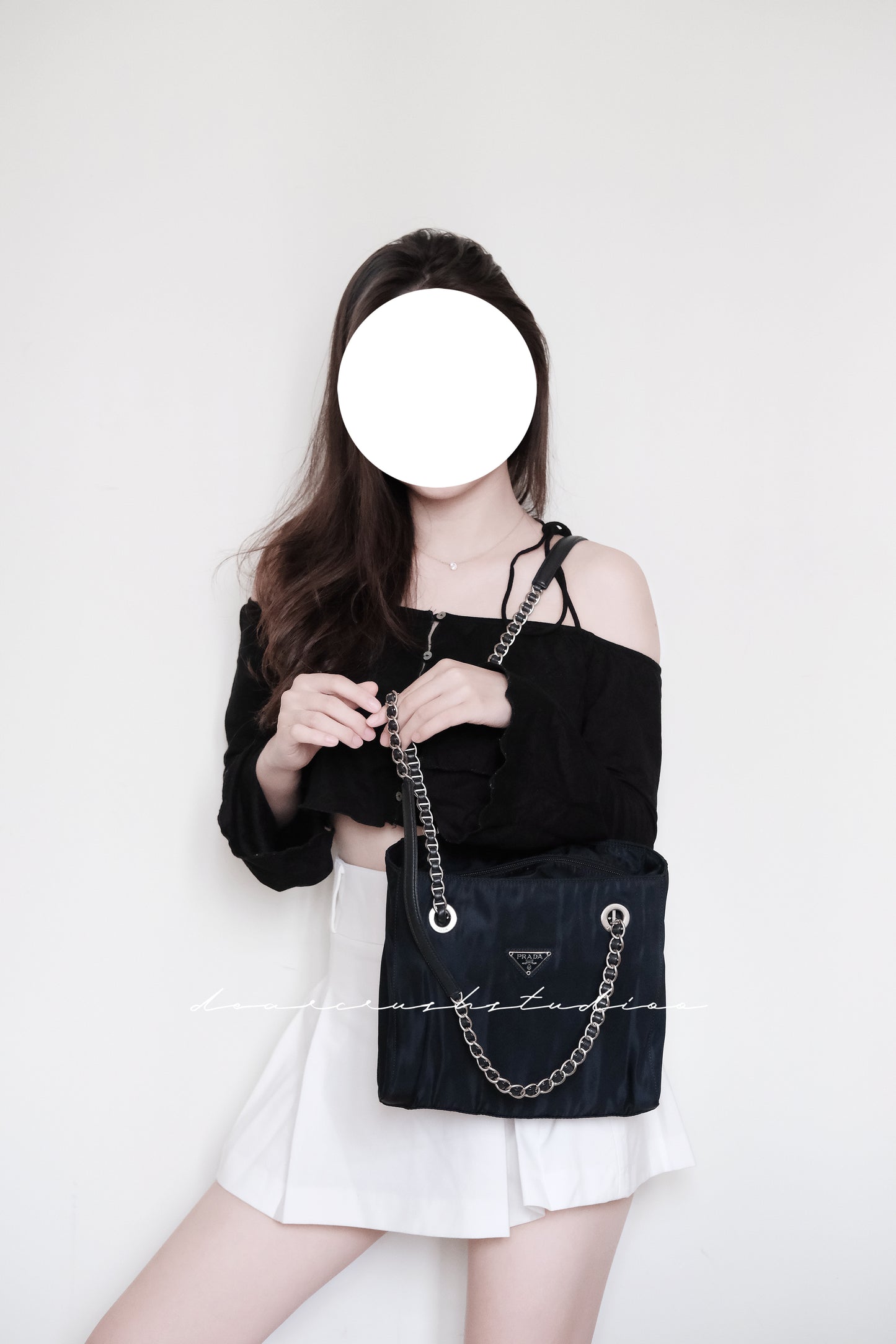 Prada Leather Chain Tote · 罕有黑銀皮穿鏈尼龍降落傘托特