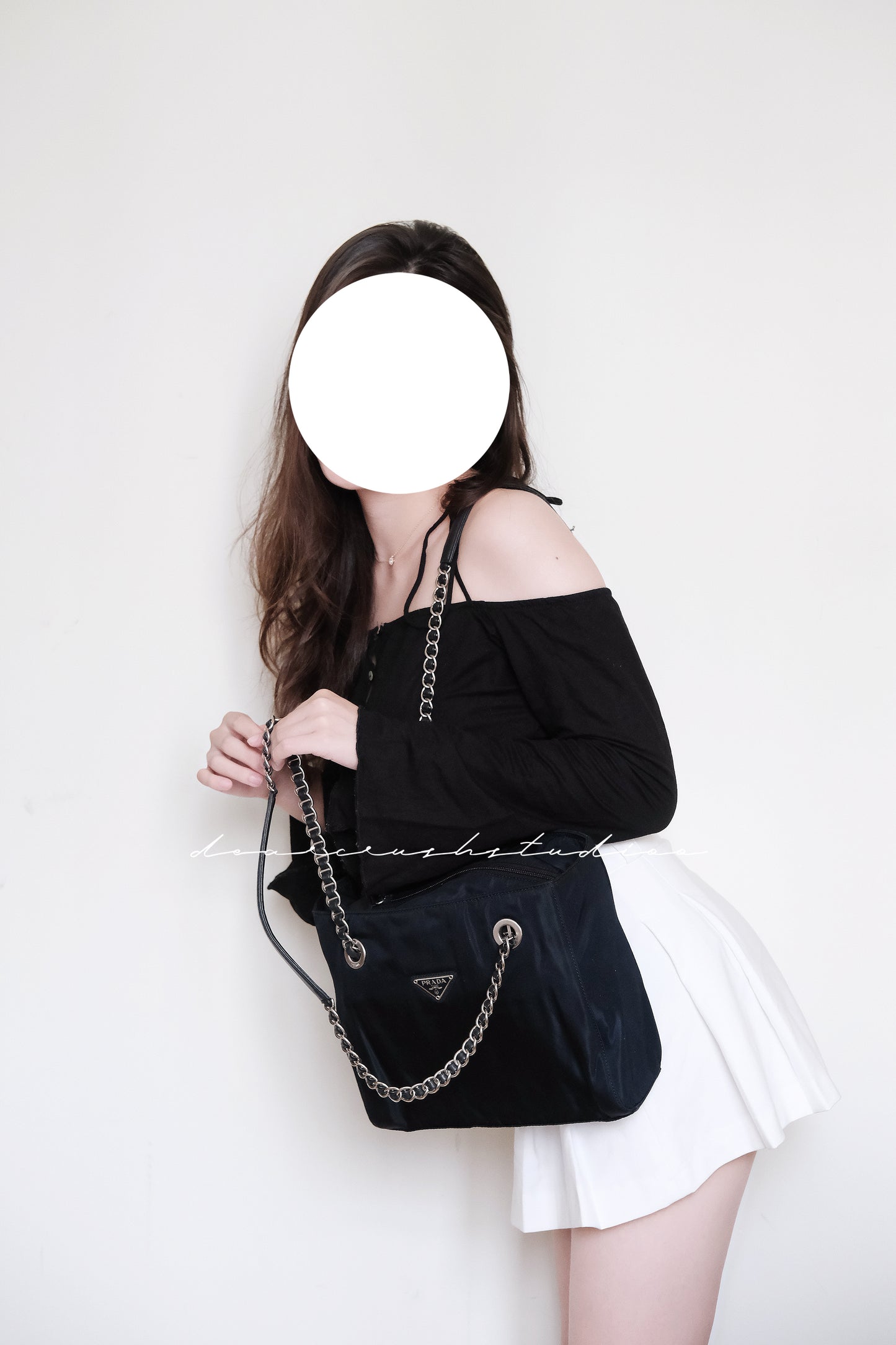 Prada Leather Chain Tote · 罕有黑銀皮穿鏈尼龍降落傘托特