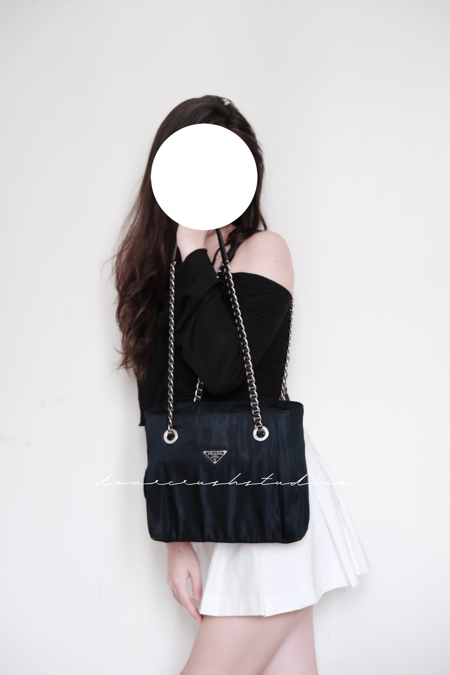 Prada Leather Chain Tote · 罕有黑銀皮穿鏈尼龍降落傘托特