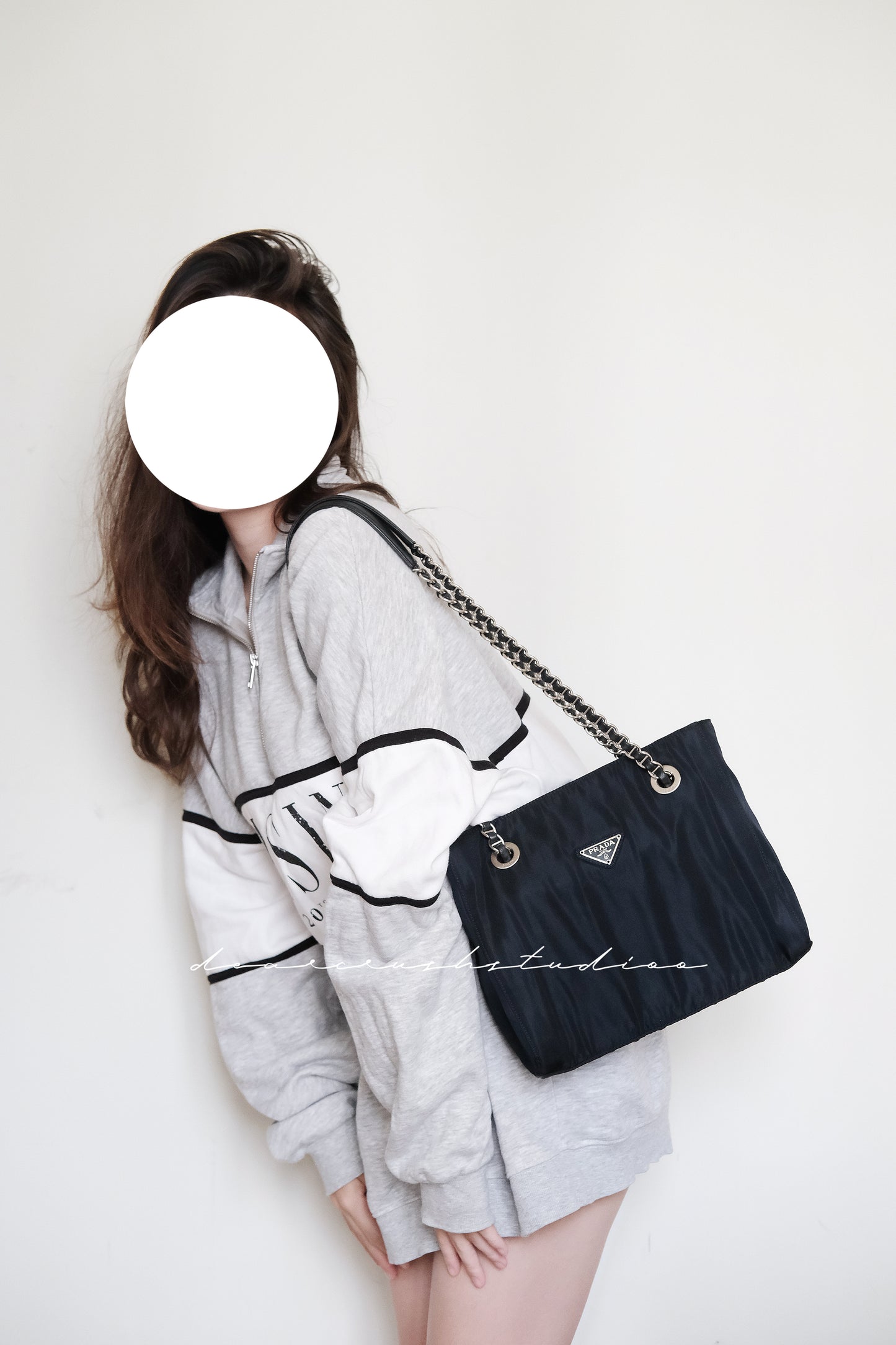 Prada Leather Chain Tote · 罕有黑銀皮穿鏈尼龍降落傘托特