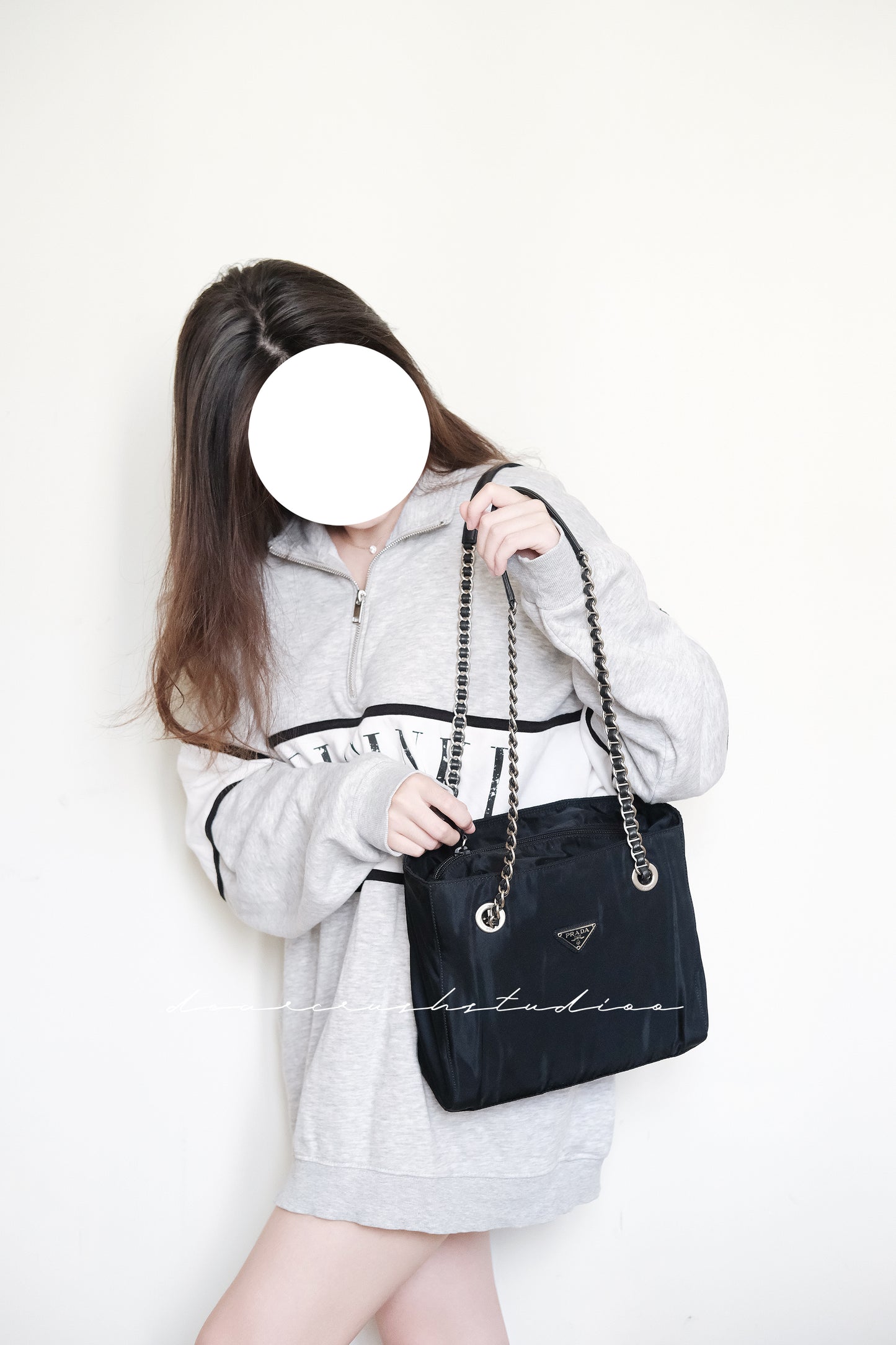 Prada Leather Chain Tote · 罕有黑銀皮穿鏈尼龍降落傘托特