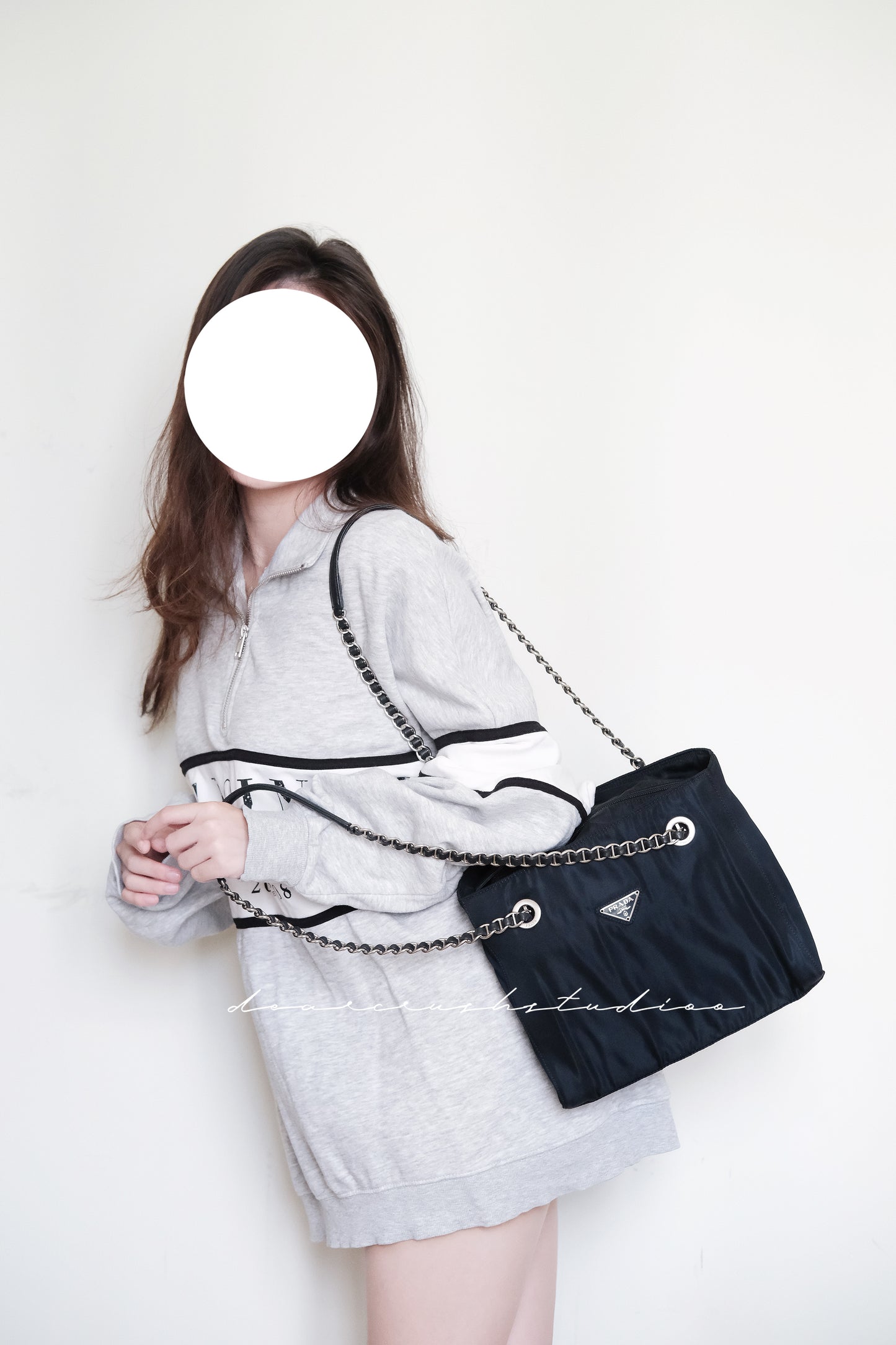 Prada Leather Chain Tote · 罕有黑銀皮穿鏈尼龍降落傘托特