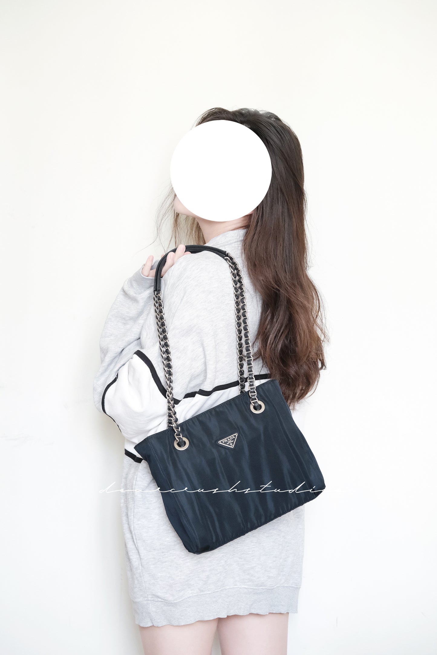 Prada Leather Chain Tote · 罕有黑銀皮穿鏈尼龍降落傘托特