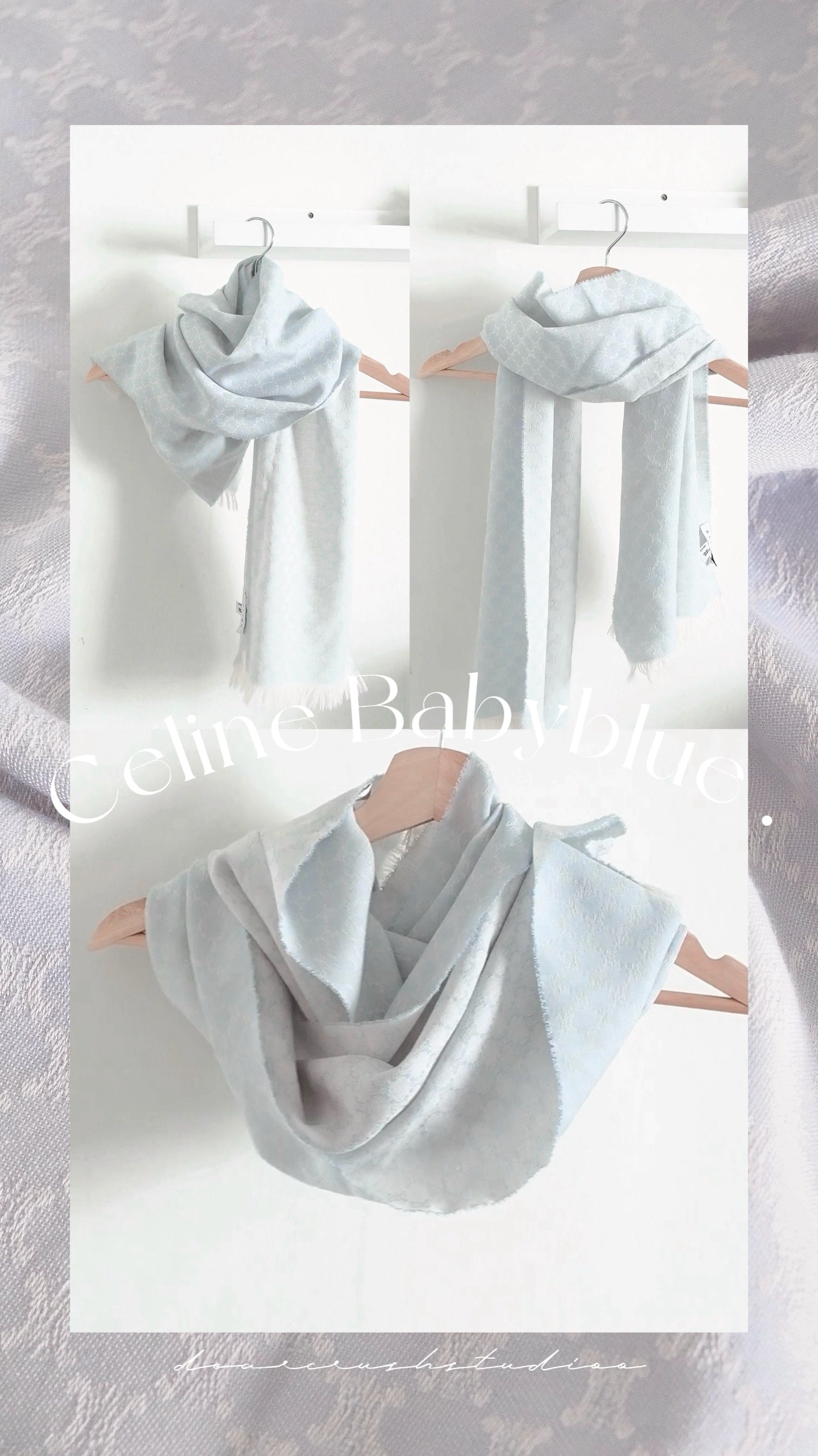 Celine Scarf · 罕有嬰兒藍溫柔知性凱旋門老花羊絨圍巾