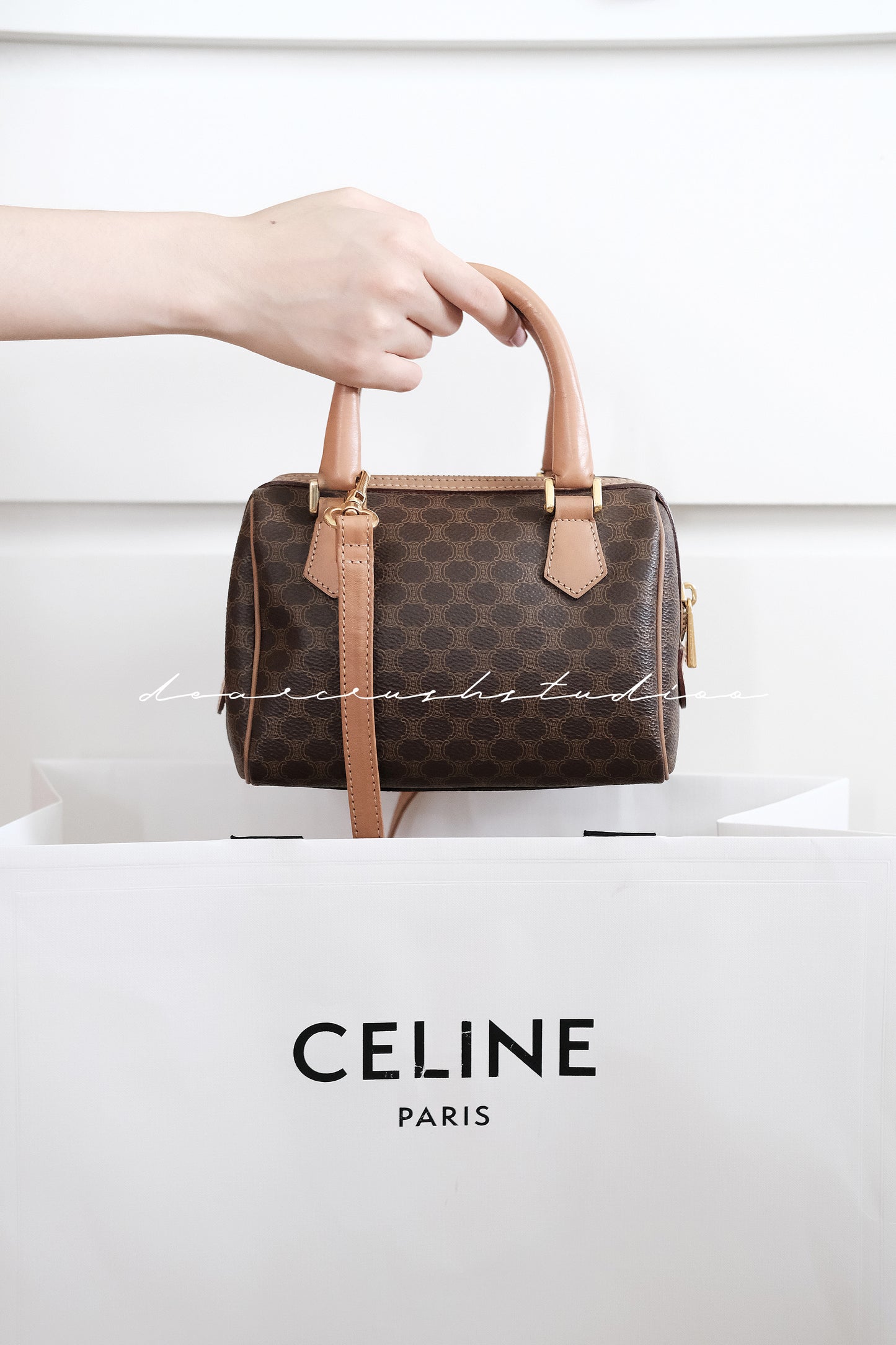 Celine Mini Boston · 經典啡色凱旋門老花迷你波士頓