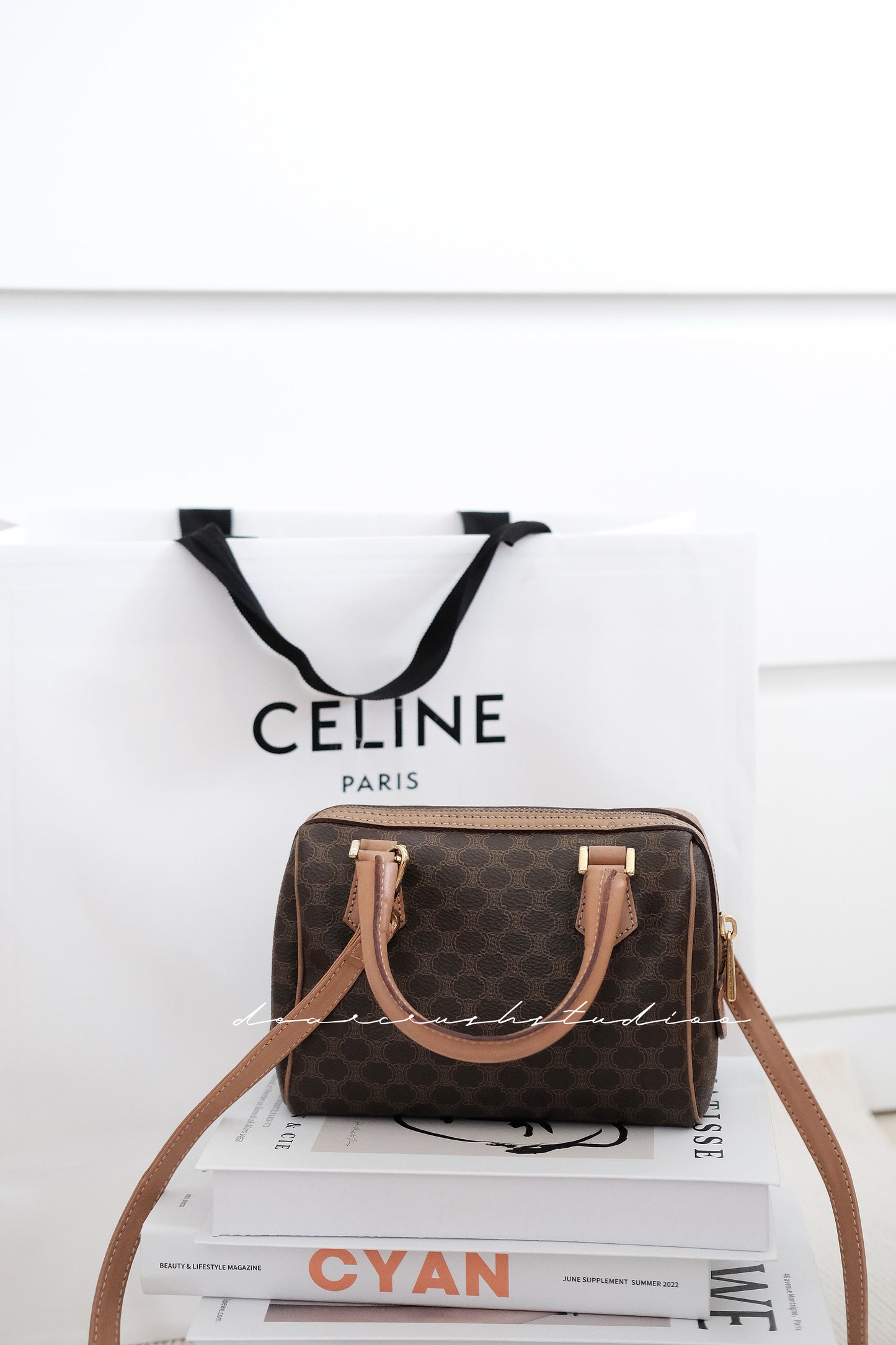 Celine Mini Boston · 經典啡色凱旋門老花迷你波士頓